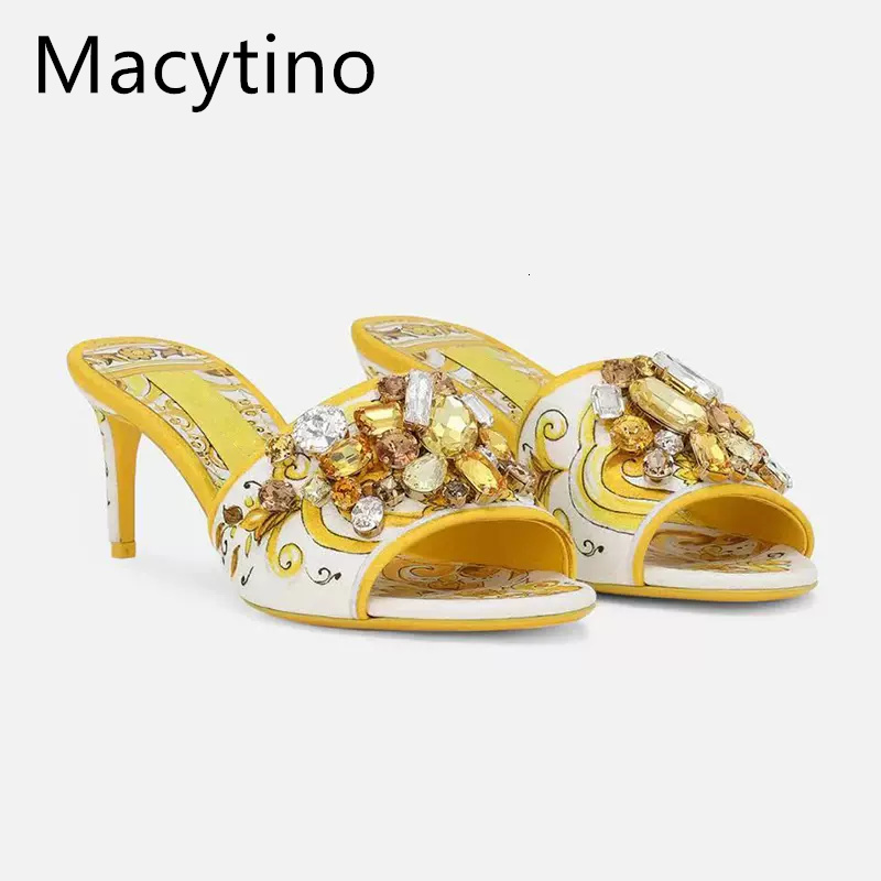 Summer Printed High Heeled Sandals Women's Bohemian Rhie Jewel Open-Toe Stiletto Slippers Party Shoes