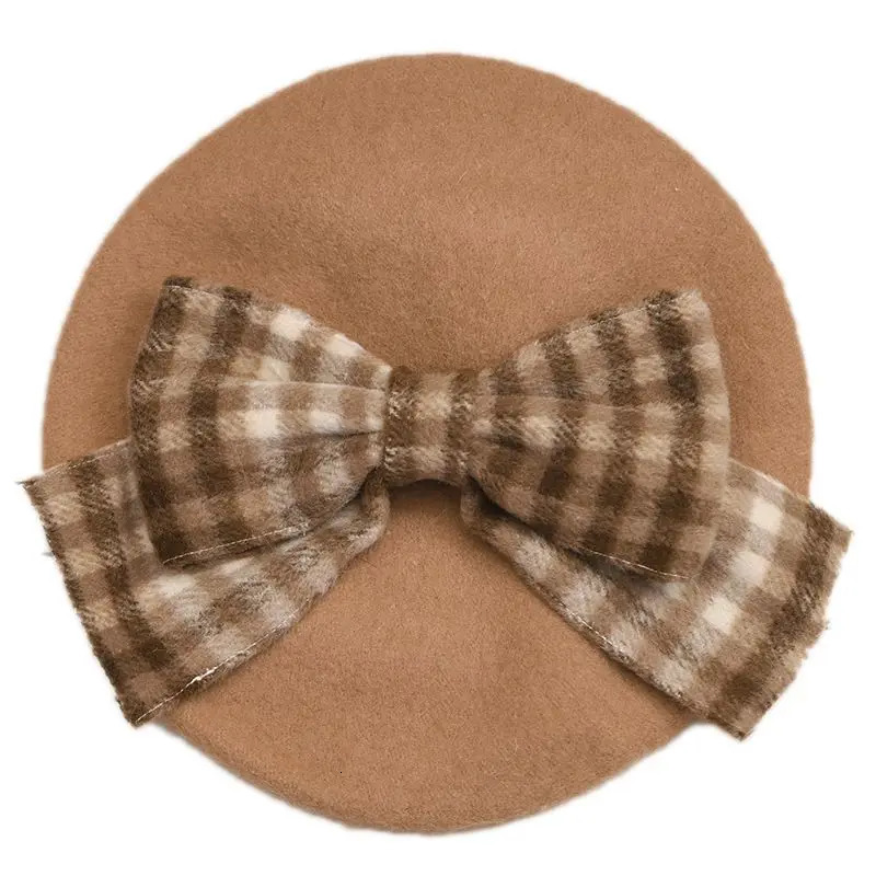 Winter cute beret Women British fashion retro big bow plaid painter hat female Beanies Wholesale 241218