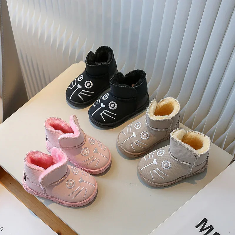Boys Girls Short Boots with Cute Cat Children Cotton Boots for Winter Sweet Kids Warm Boots with Fur Non-slip Trendy 241219