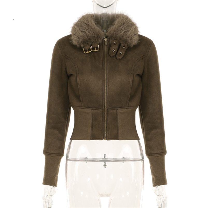 SUCHCUTE Brown Suede Trench Coat Vintage Zipper Outerwear Skinny Padded Jacket Streetwear Fashion Winter Female Warm 241218