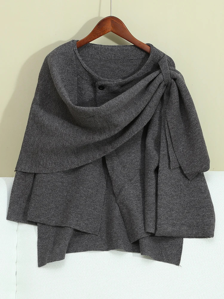 Women Elegant Solid Short Woolen Jacket With Scarf Fashion O Neck Long Sleeve Slit Loose Coat 2024 Autumn Female High Streetwear 241219