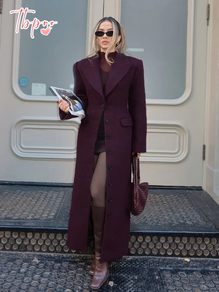 2024 Burgundy Fashion Slim Fit Womens Woolen Overcoat Elegant Lapel Button Down Flap Pockets Jackets Female Chic Street Outwear 241219