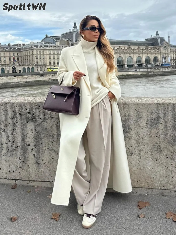 Elegant white collar full sleeved womens wool coat fashionable casual button autumn and winter commuting streetwear 241217