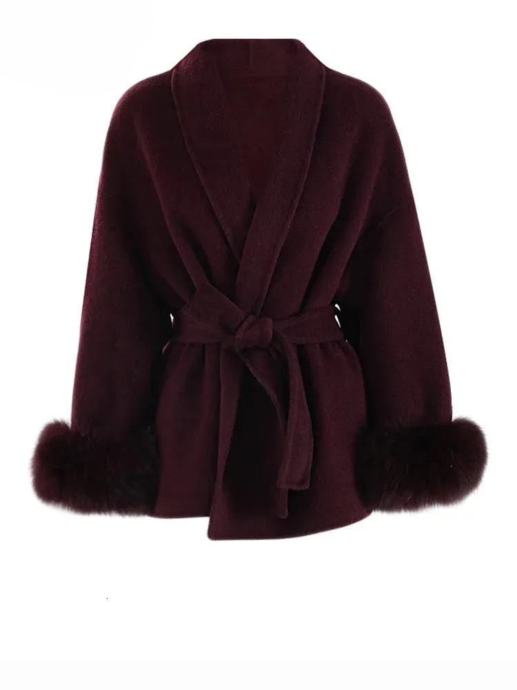 Wine Red Fur Cuff Big Size Belted Woolen Coat New Lapel Long Sleeve Women Jacket Fashion Tide Autumn Winter