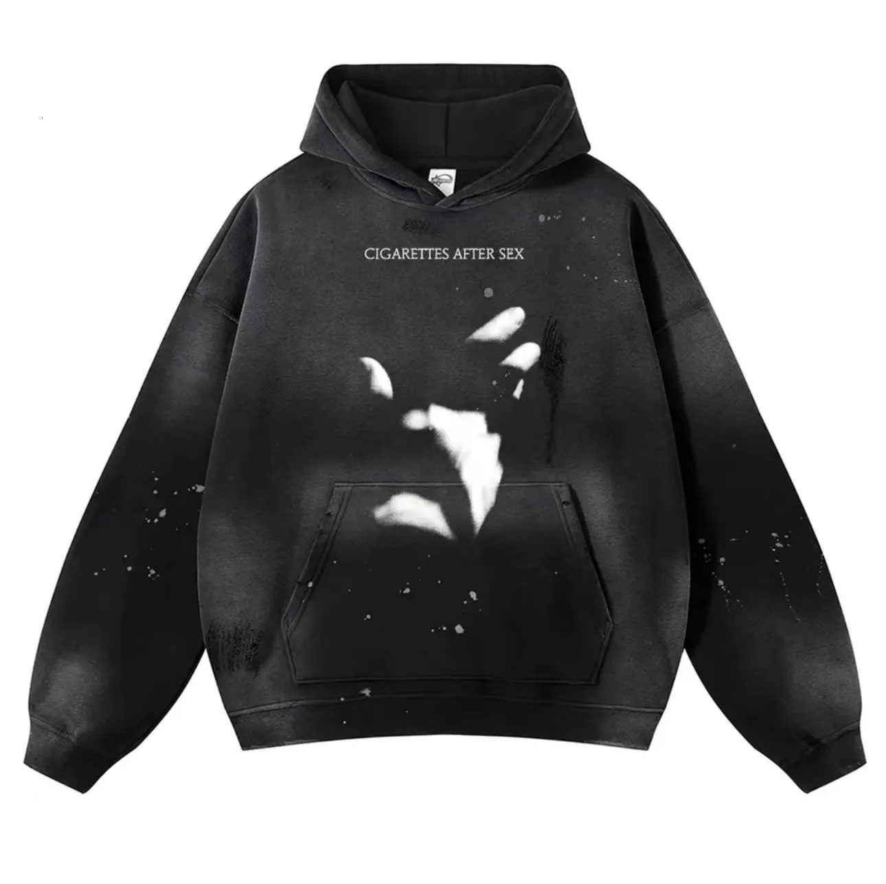 Splashed ink distressed printed sweatshirt hoodie plus velvet trendy loose fashion retro stitching street sports top 241218