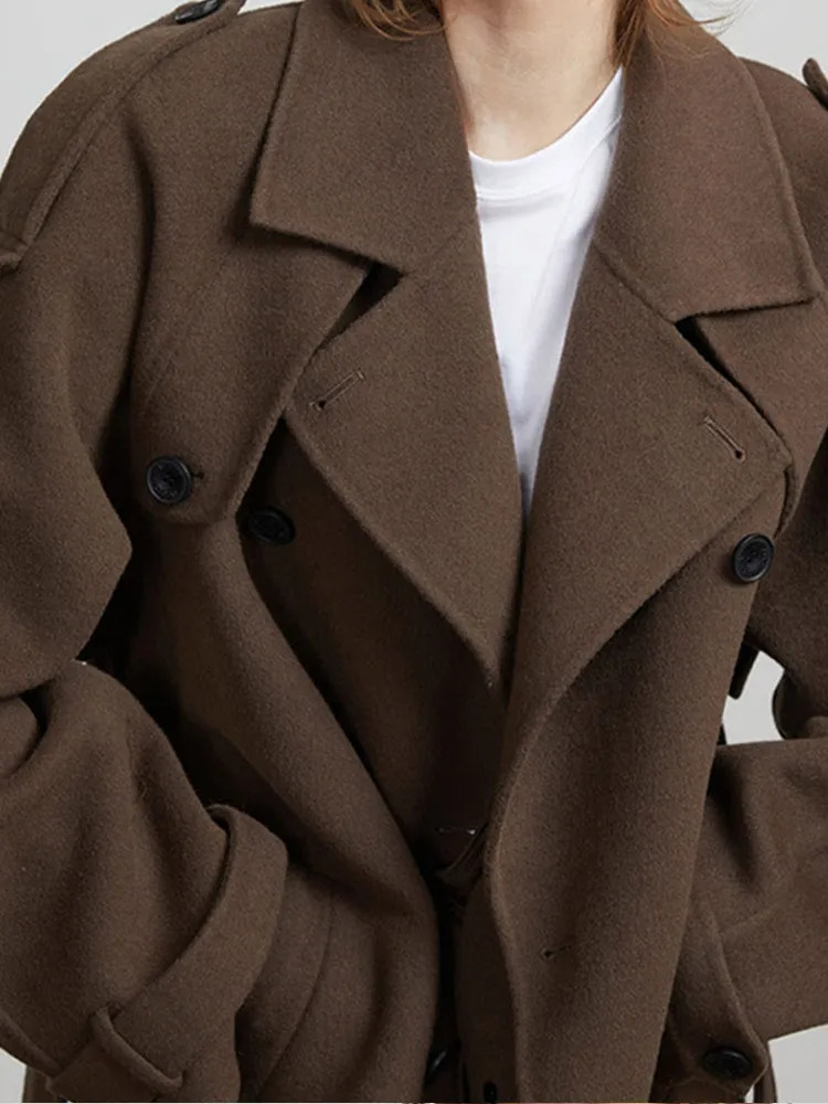 Elegant Brown Doublebreasted Woolen Overcoat With Belt Women Long Sleeve Loose Lapel Casual Coat Autumn Warm Commute Outwear 241217