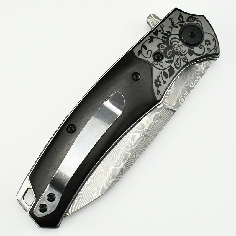 Topq Quality Flipper Folding Knife Damascus Tanto Blade Wood with Steel Handle Ball Bearing Outdoor EDC Pocket Knives