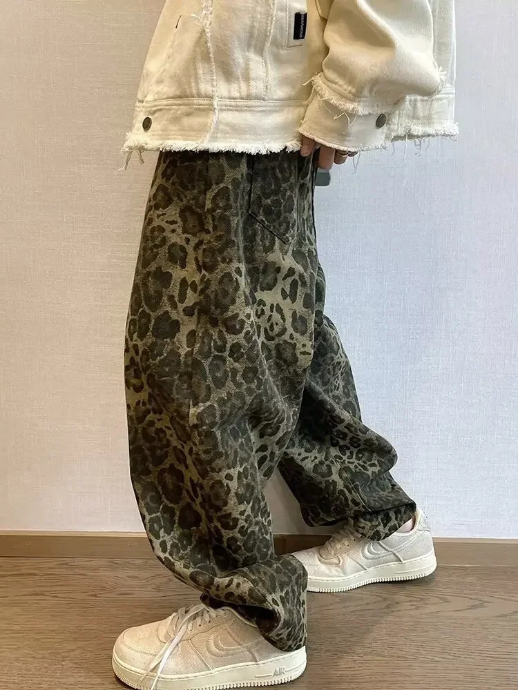 Mens Tan Leopard Print Jeans Baggy Oversize Wide Leg Denim Pants Fashion Streetwear Hip Hop Vintage er Male Trousers 241218