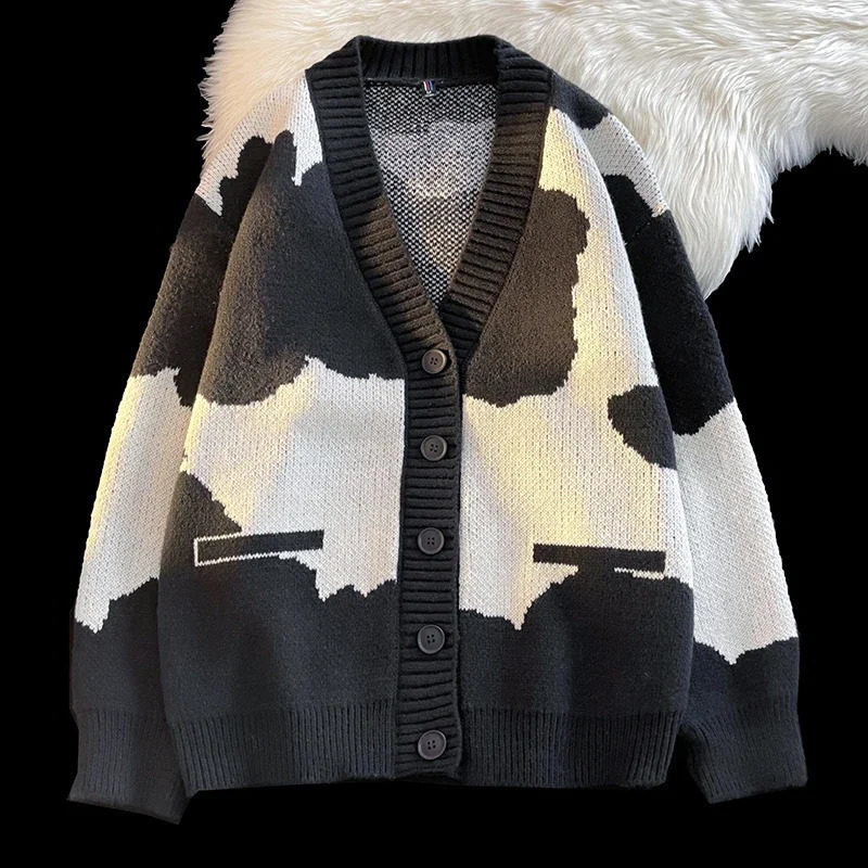 Korean Version Comfortable Breathable Mens V-neck Cardigan Sweater Autumn Winter Color Blocked Printed Knitted Jacket 241218