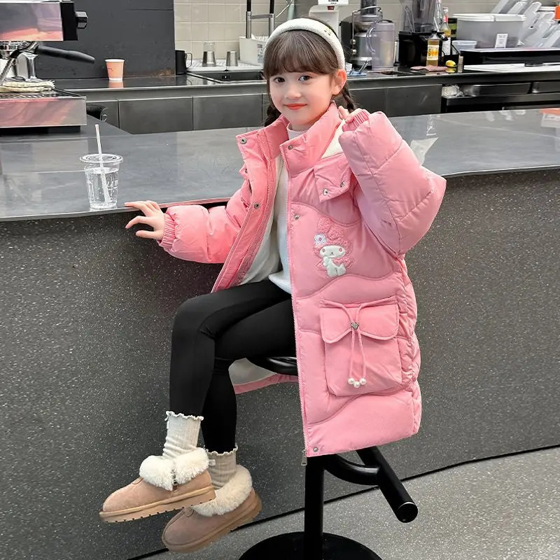 My Melody Girls Medium Long Warm Down Jacket Winter Children Cartoon Hooded Skiing Windproof Coat Teen Princess Outerwear 241218