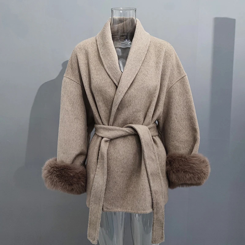 EWQ Korea Chic Flip Collar Fox Fur Doublesided Woolen Coat Elegant Wool Jacket Women Winter Brown Overcoats