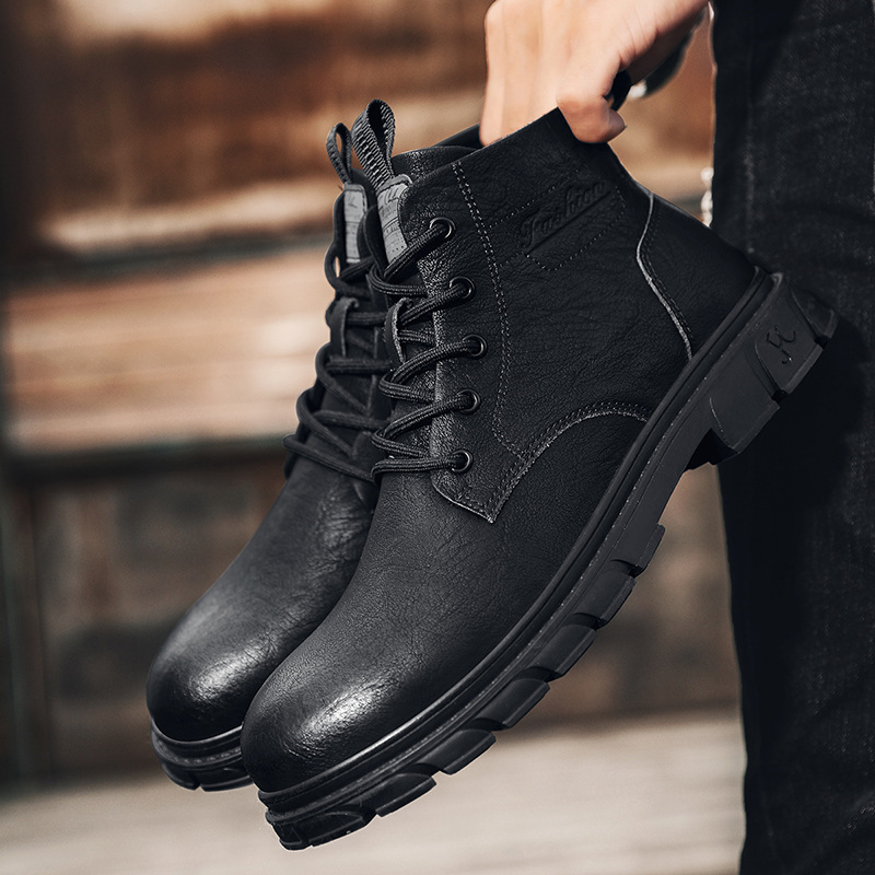 Men Boots Fashion Winter Velvet High-top Lace-up Casual Style Outdoor Warm Thick Sole Leather Shoes Triple Black Brown Free shipping
