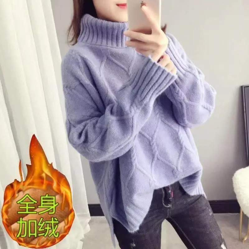Autumn and Winter High Collar Long Sleeve Solid Sweater Womens Clothing Korean Loose Floral Full Match Knitted Top 241211