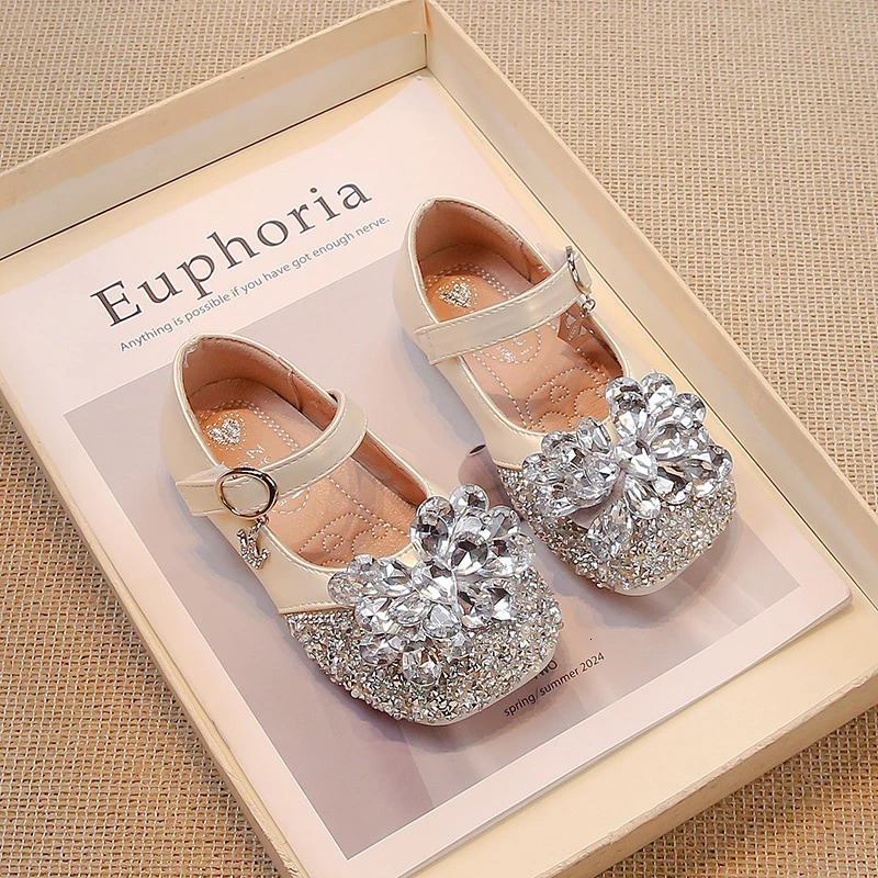 Silver/beige Girls Leather Shoes with Glitter Rhinestone Bow Outdoor Spring Autumn PU Princess Leather Shoes Sandalias De Mujer 241219