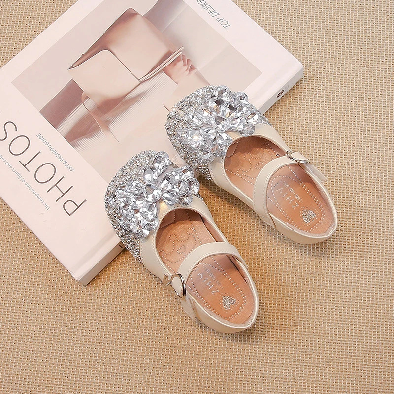 Silver/beige Girls Leather Shoes with Glitter Rhinestone Bow Outdoor Spring Autumn PU Princess Leather Shoes Sandalias De Mujer 241219