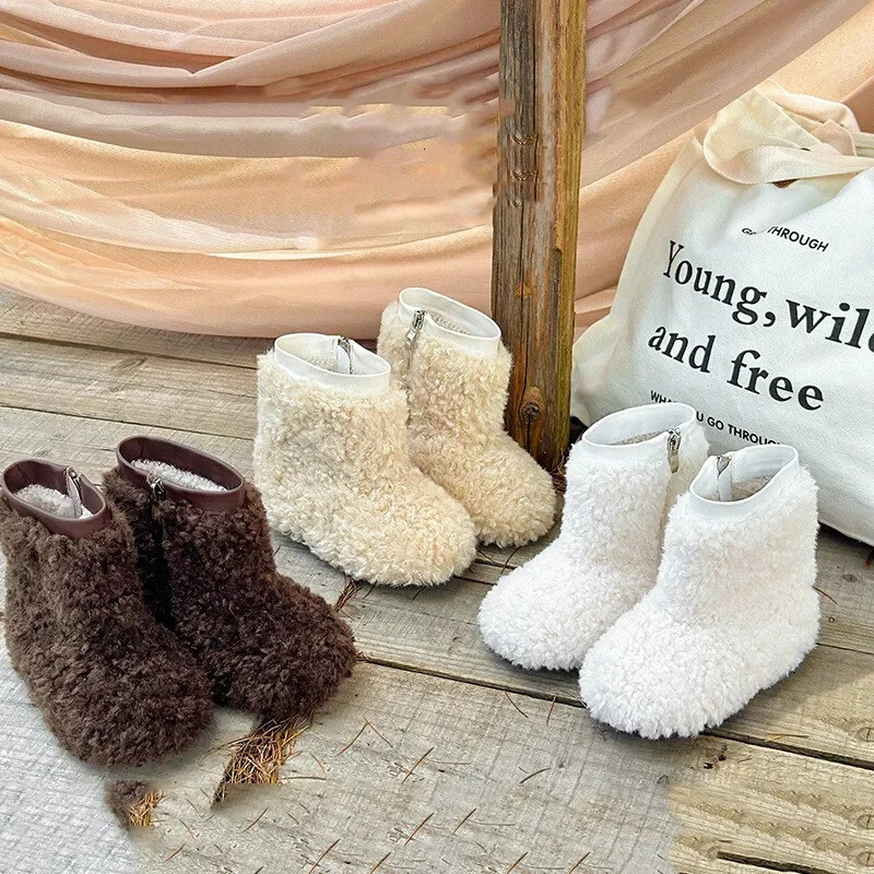 Korean Girls Snow Boots Winter Children Cotton Shoes Warm Middle Boots Plush Baby Fur Shoes for Girls botas para 241219
