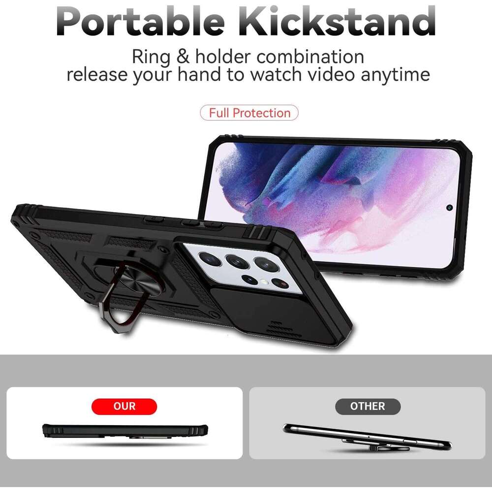 5G with HD Screen Protector Slide Camera Cover Rotated Ring Kickstand, Military-Grade 2 in 1 Phone Case for Galaxy S21 Ultra