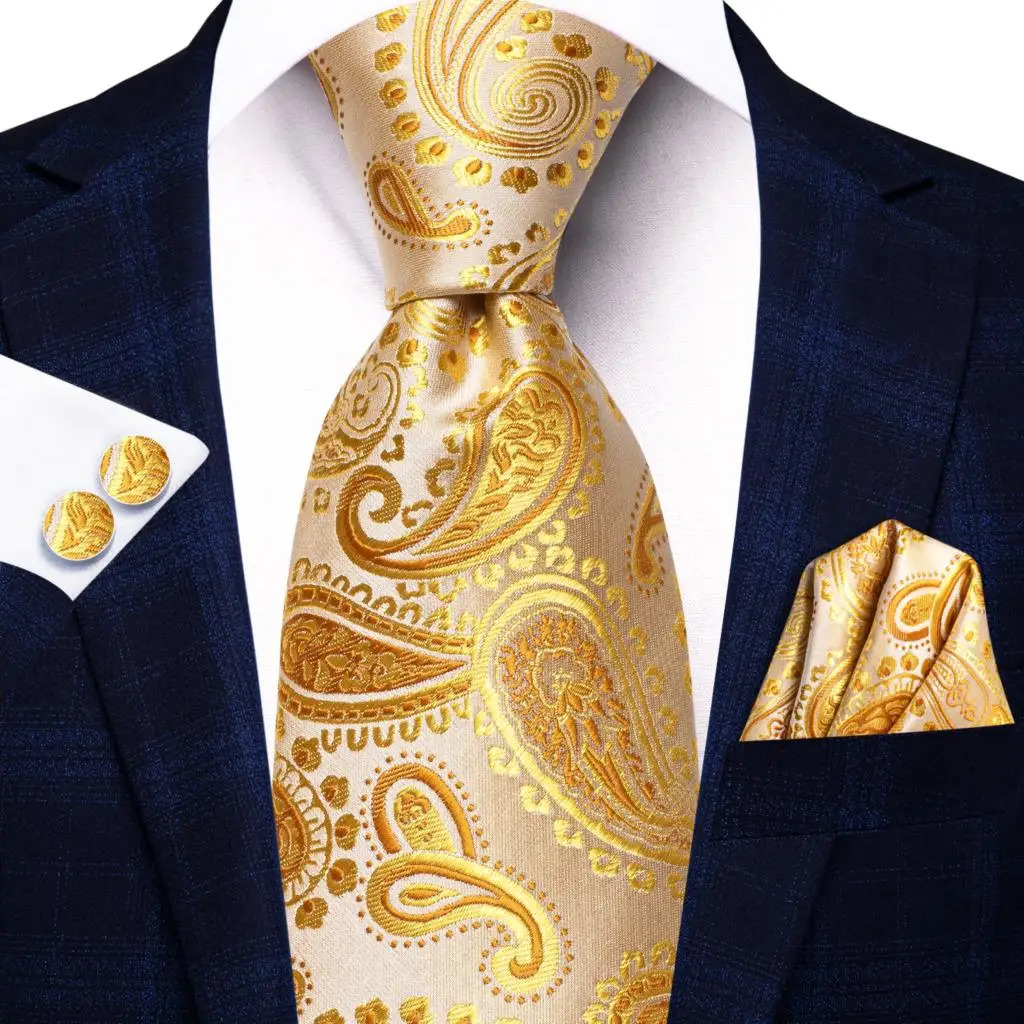 Elegent Tie for Men Yellow Gold Paisley Fashion Wedding Party Necktie Handky Cufflinks Wholesale Hi-Tie 241219