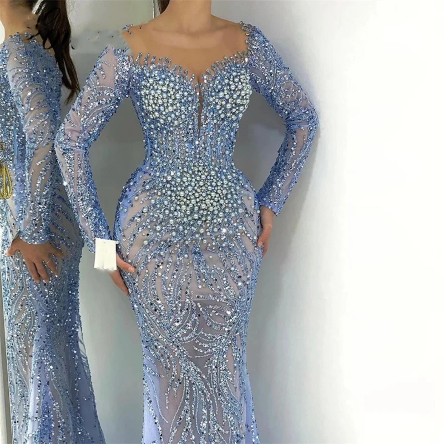 Gorgeous Evening Dresses For Women Sheer Neck Long Sleeves Gown Beaded Sequins Sweep Train Customized Dress Party