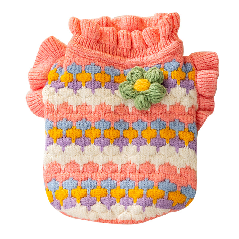 Spring and Autumn Dog Sweater 3D Small Flower Color Autumn and Winter Warm Knitted Sweater Small and Medium sized Dog Teddy Pet Clothes