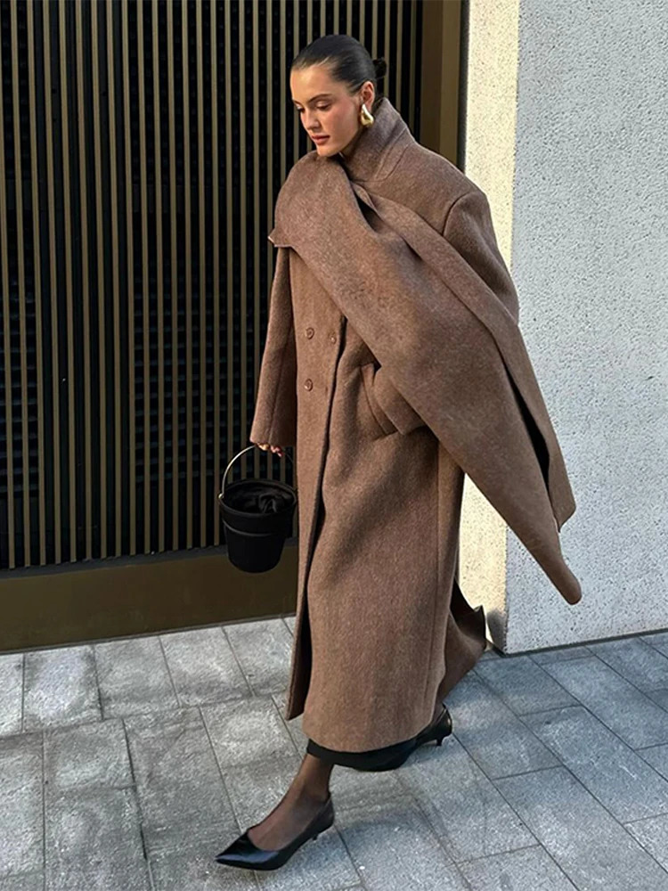 Vintage Hidden Button Long Coats With Scarf Women Casual Solid Lapel Slit Maxi Female Winter Chic Elegant Street Overcoats 241217