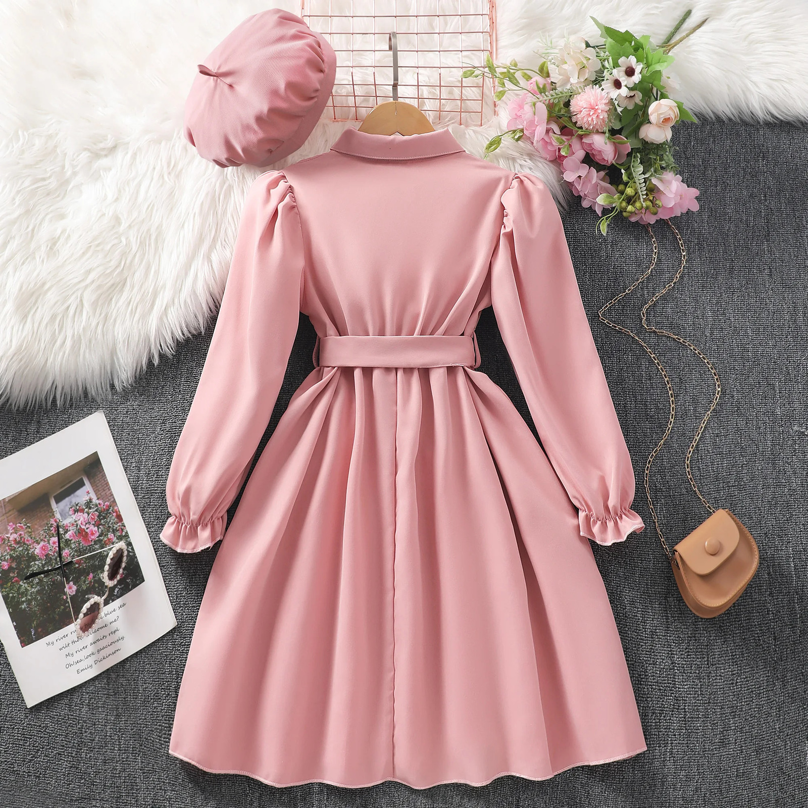 Tween Girls Stylish Casual Long Sleeve Solid Colored Button Up Lapel Collar Dress With Belt Pockets For Fall Winter Outdo 241219