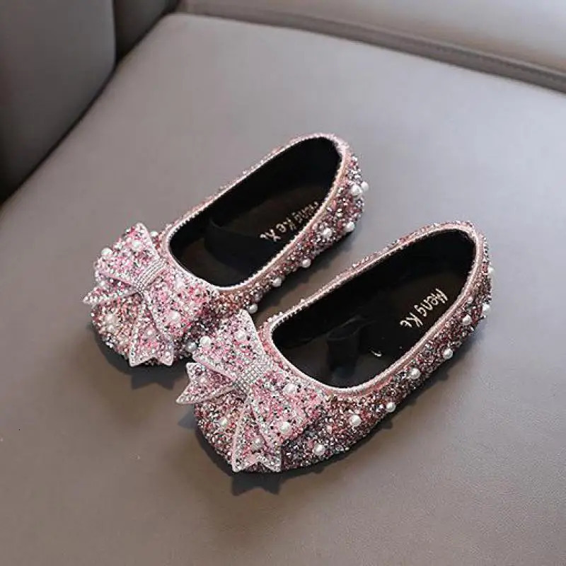 Girls Leather Shoes Fashion Sequins Bling Bow Baby Girl Shoes Soft Bottom Kids Princess Party Dance Performance Shoes H791 241219