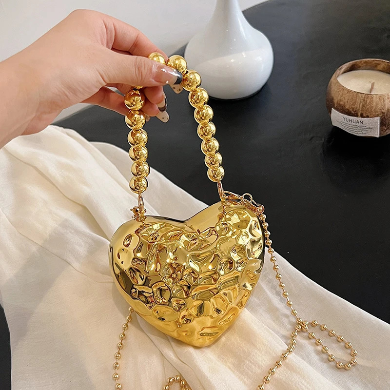 Gold Sier Color Mini Handbag Heared Shape Women Small Cross Body Evening Party Female Chain Shoulder Bag 241213