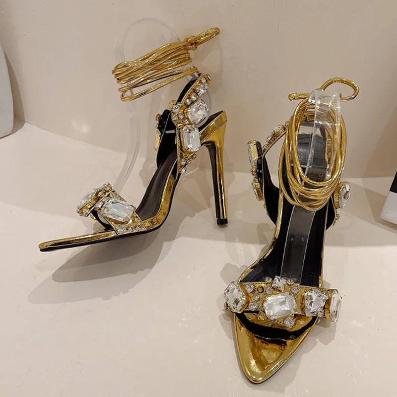 Liyke Sexy Green Cross Ankle Strap Sandals Women Party Club Stripper Heels High Quality Crystal Dia Pointed Toe Wedding Shoe