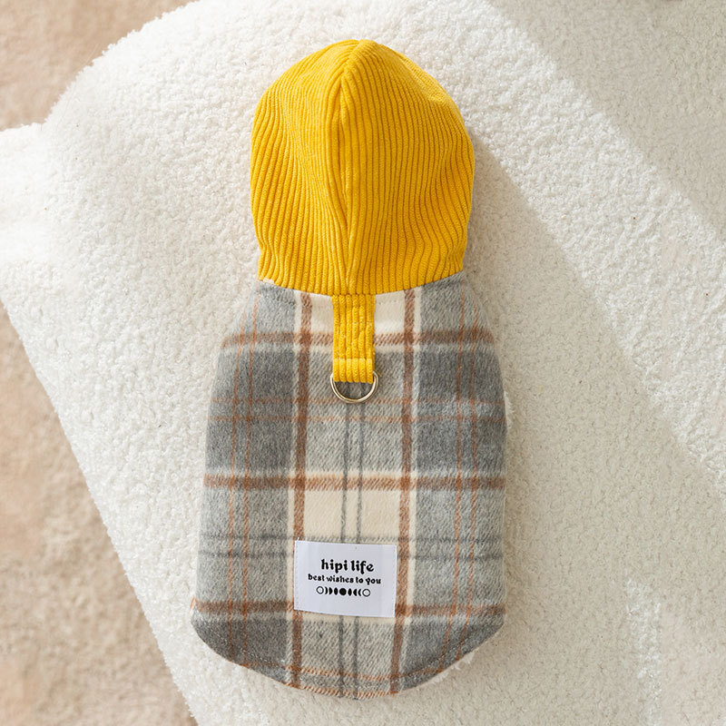 Cross border plush thick little dog clothing checkerboard patterned hooded winter Dog Apparel Pet Clothes