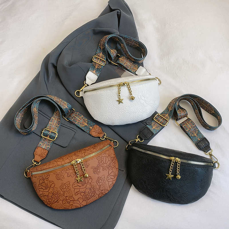 Flower embossed chest bag, women's fashionable casual versatile waist bag, ethnic style shoulder strap, large capacity shoulder crossbody bag 241