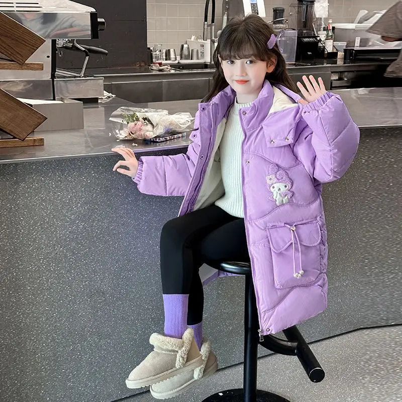 My Melody Girls Medium Long Warm Down Jacket Winter Children Cartoon Hooded Skiing Windproof Coat Teen Princess Outerwear 241218