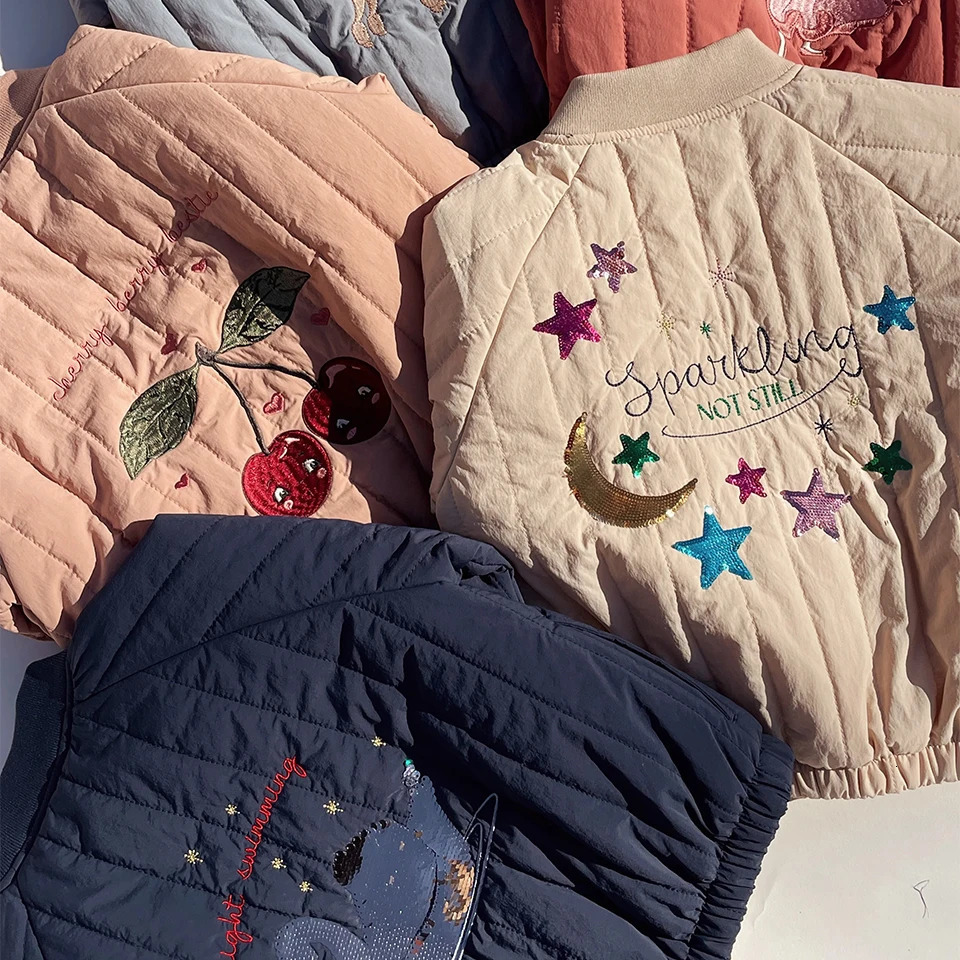 2024 Autumn Winter KS Childrens Embroidery Jackets Girls Cotton Outerwear Baby Clothes Boys Plus Fleece Coats Kids Clothing 241218