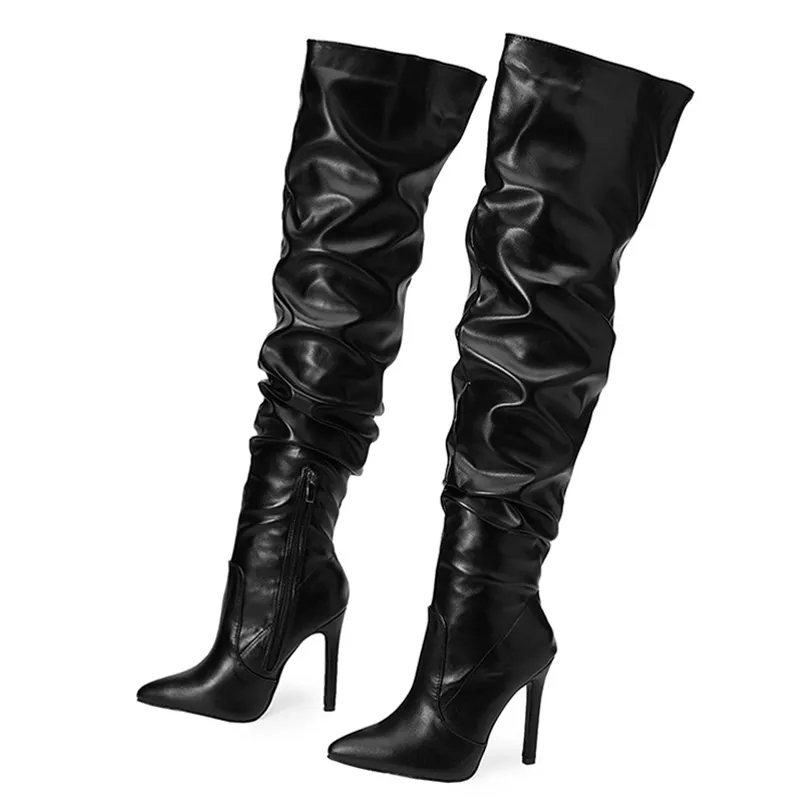 2025 New Liyke Autumn Winter Thigh High Boots Women Fashion Design Pleated Leather Over The Knee Shoes Pointed Toe Zip Stiletto Heels