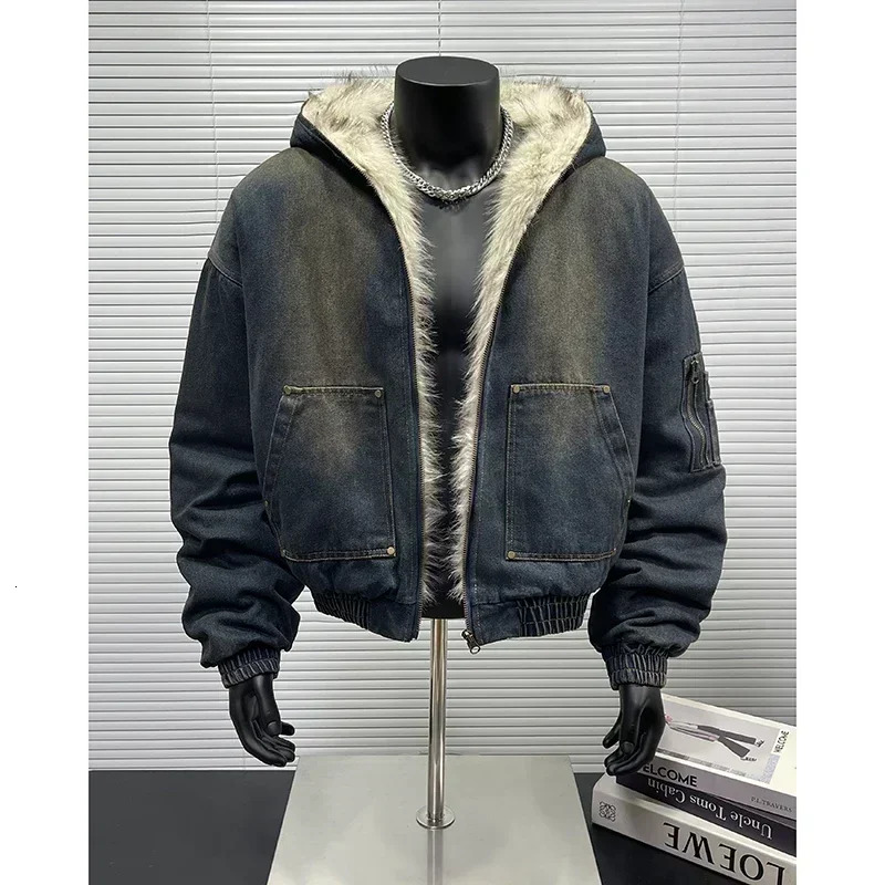 New Autumn Winter Loose Denim With Thickened And Warm Retro Design, Hooded Cotton Jacket, Fashionable Men's Jacket