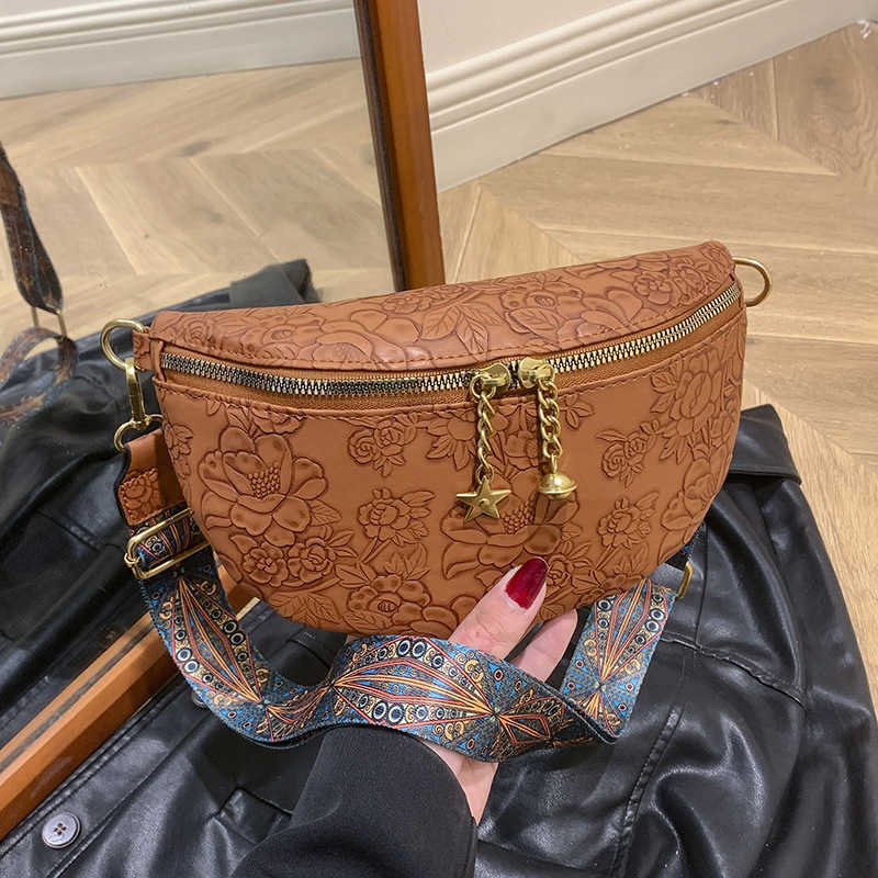 Flower embossed chest bag, women's fashionable casual versatile waist bag, ethnic style shoulder strap, large capacity shoulder crossbody bag 241