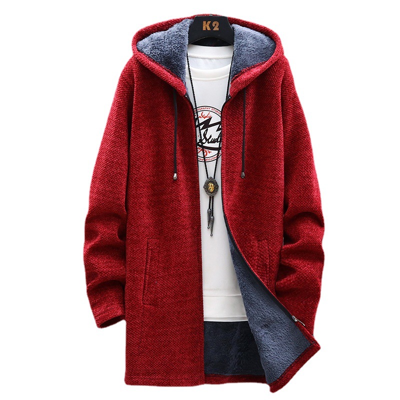 Casual Men's Wool Blend Knitted Outerwear - Plush Liner, Hoodie Design, Ready Stock