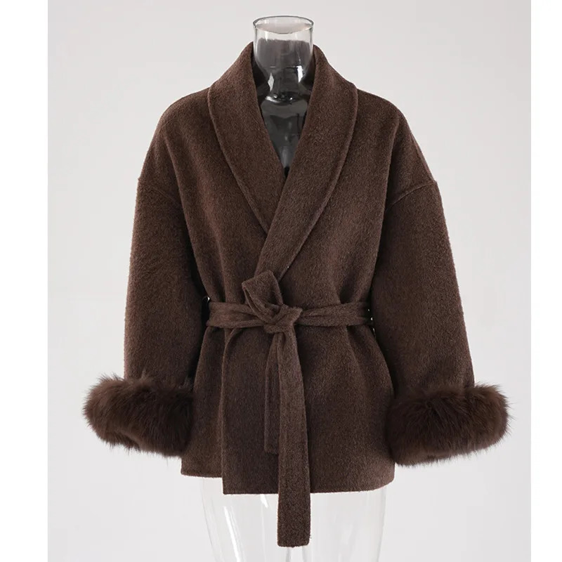 EWQ Korea Chic Flip Collar Fox Fur Doublesided Woolen Coat Elegant Wool Jacket Women Winter Brown Overcoats