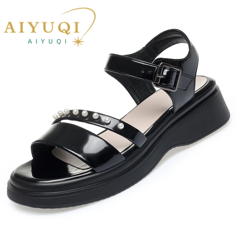 AIYUQI Women Sandals Wedge Summer Genuine Leather Women Sandals Fashion Roman Open-toed Sandals Women