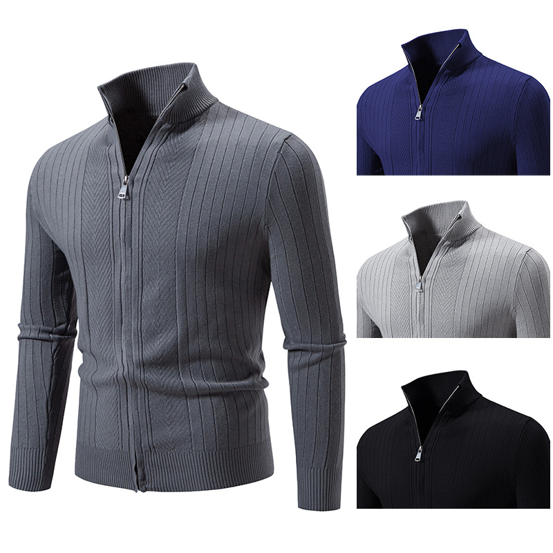 Casual Larger Fit Men's Woolen Argyle Cardigan - Stylish Stand-Up Collar Knitting for Cold Seasons