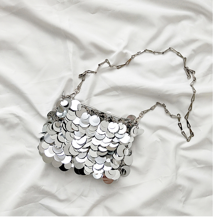 Women Glitter Designer Sier Metal Sequin Chain Woven Evening Bags Clutch Travel Holiday Shoulder Bag Handbag