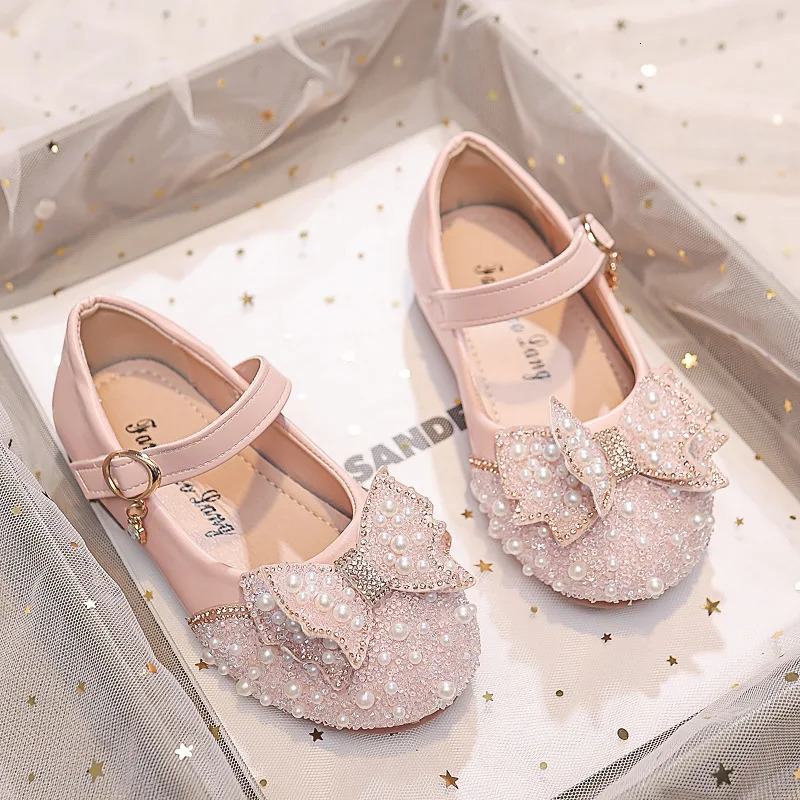 Autumn Fashion Pearl Bow Rhinestone Little Girl Shoes Flat Heels Kids Princess Shoes 241219