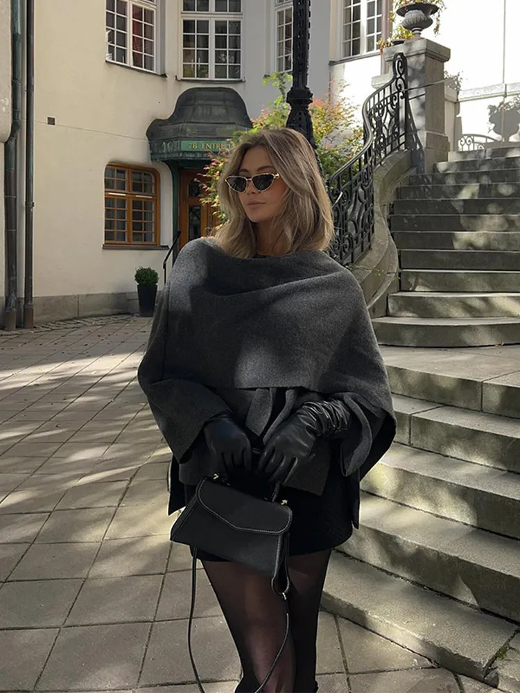 Women Elegant Solid Short Woolen Jacket With Scarf Fashion O Neck Long Sleeve Slit Loose Coat 2024 Autumn Female High Streetwear 241219
