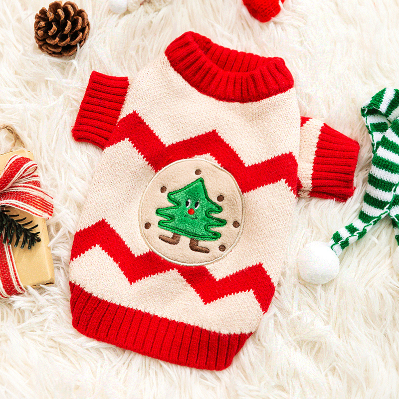 Autumn and Winter Dog Clothes Christmas Wave Jacquard Knitted Sweater Thickened Warm Small Dog Pet New Year Clothes