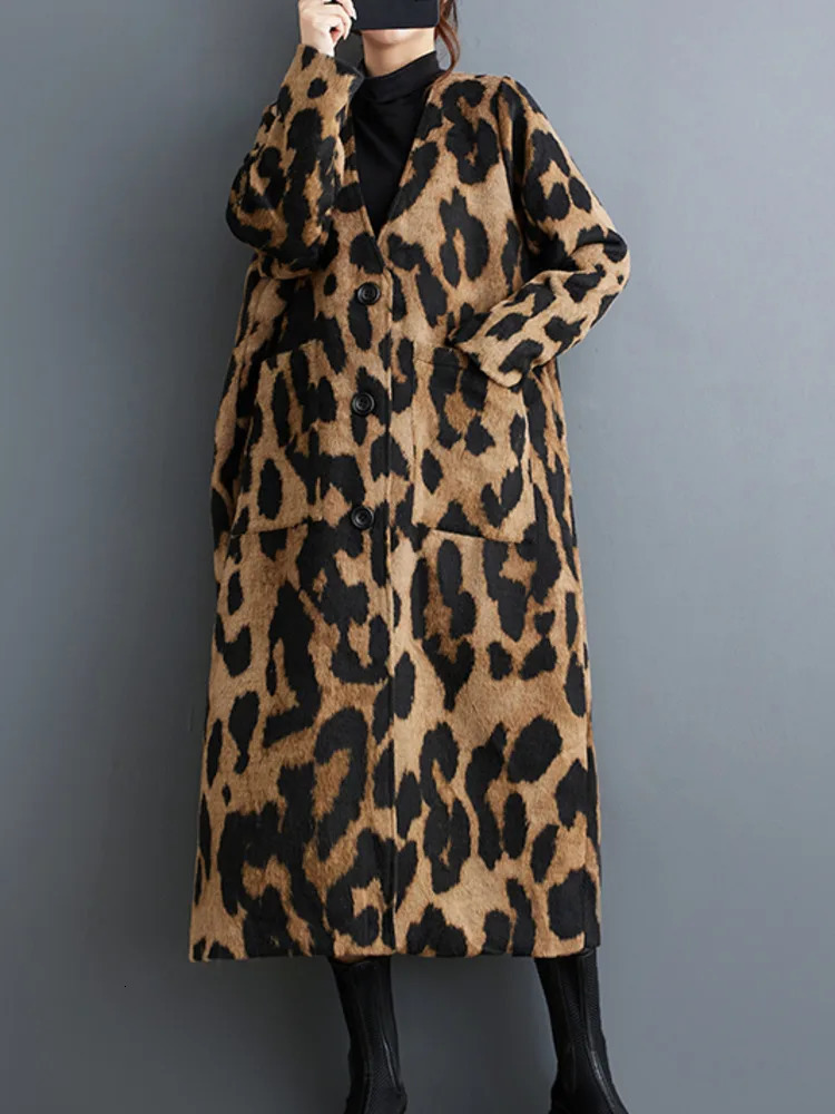 #6926 Spring Autumn Long Leopard Trench Coat Women V-neck Loose Pockets Vintage A-line Trenchcoat Single Breasted Streetwear 241219