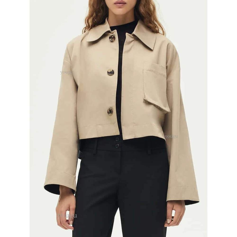 Women Blends Patchwork Cropped Trench Coats For Women Lapel Long Sleeve With Pocket Short Tops Windbreaker Streetwear Casual Jackets 230922