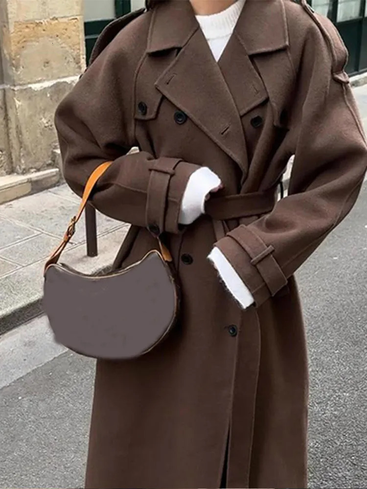 Elegant Brown Doublebreasted Woolen Overcoat With Belt Women Long Sleeve Loose Lapel Casual Coat Autumn Warm Commute Outwear 241217