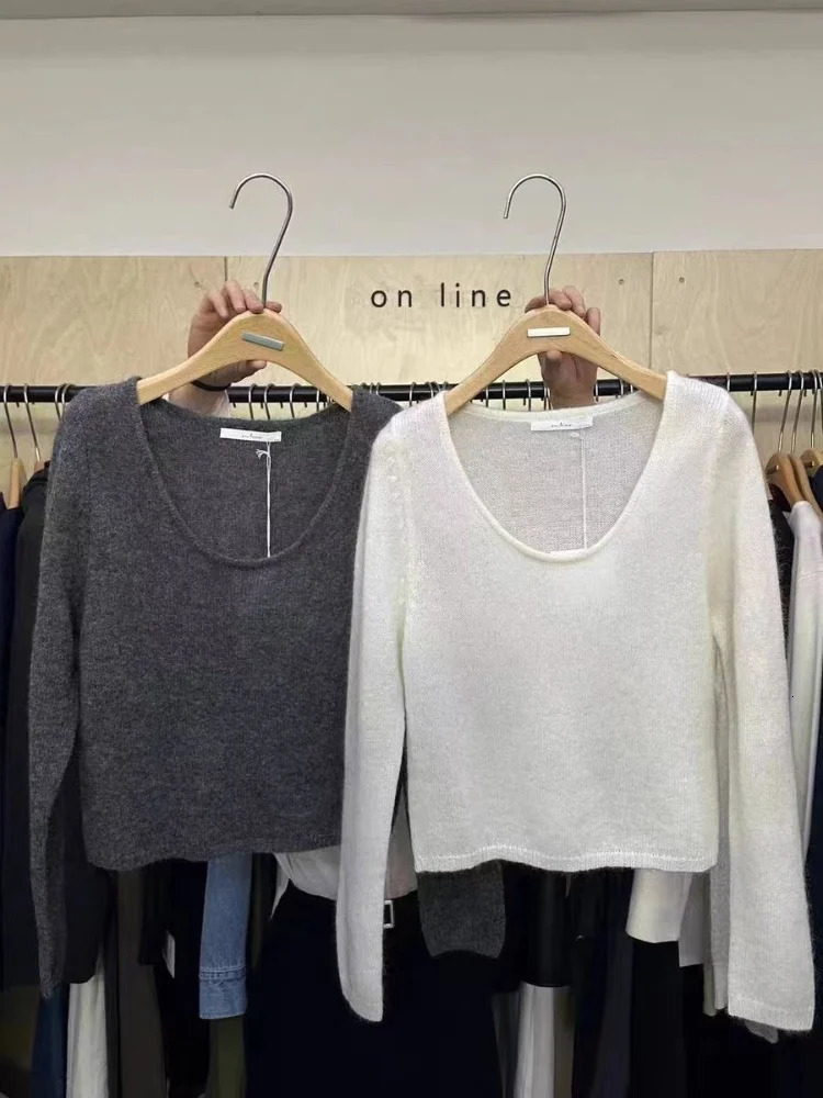 Large U-Neck 100% Pure Wool Sweater Womens Short Long Sleeve Pullover Loose Base Chic Top Spring Autumn High Quality 241217