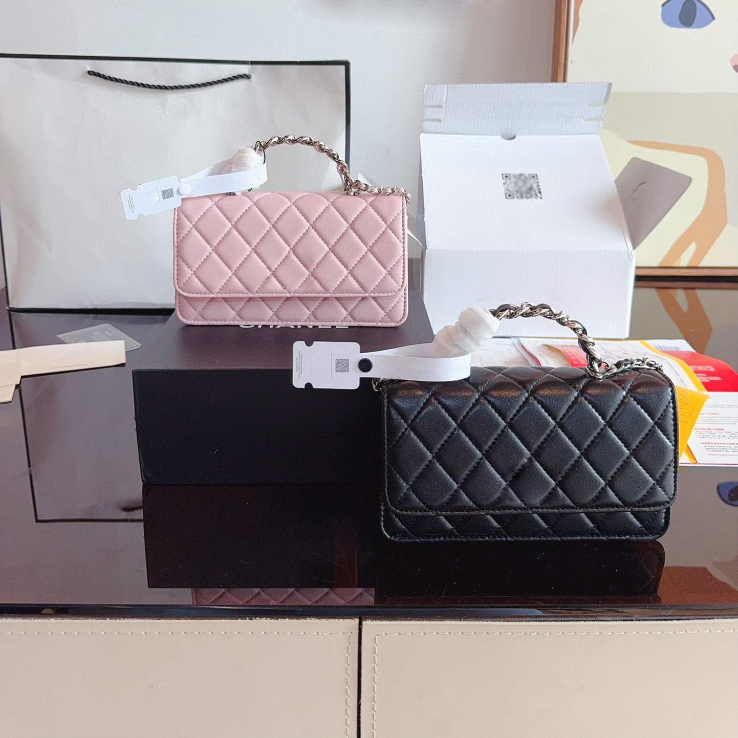 Top Quality Designer Flap Bag With Top Handle Womens Calfskin Quilted Purse Genuine Leather Handbags Black Shoulder Chain Strap 19x14cm