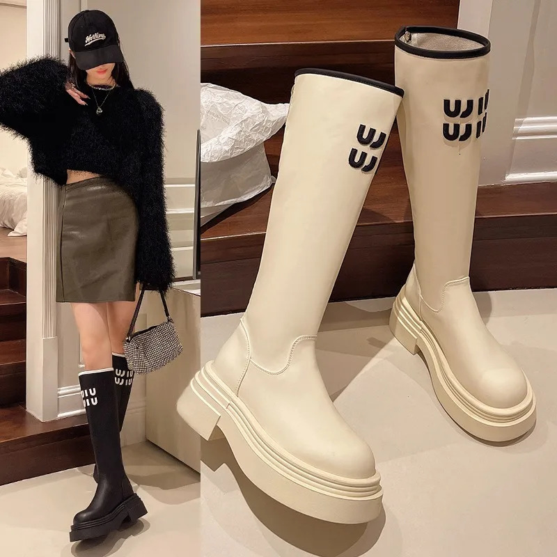 New women's leather thick sole knee high stretch 2025 autumn and winter new designer letter height motorcycle boots trendy motorcycle shoes
